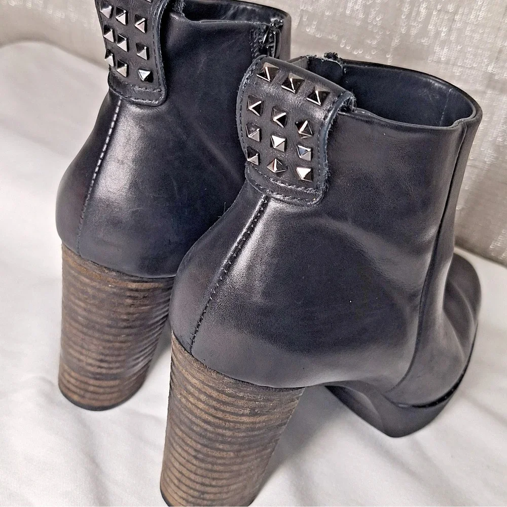 PAUL GREEN Women's Black Leather Studded Stacked Platform Ankle Boots Size 6 M
